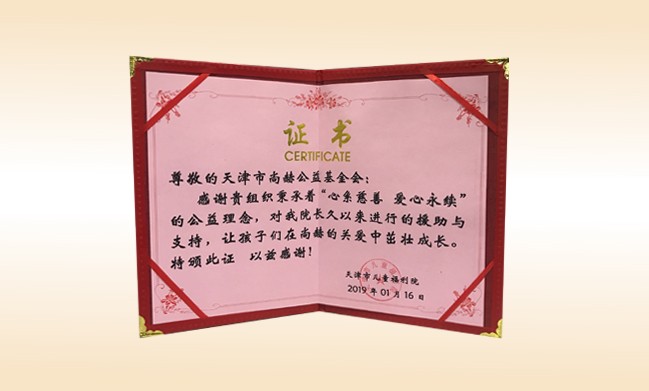 2019年1月-米兰在线公益基金会荣获-天津市儿童福利院颁发的荣誉证书